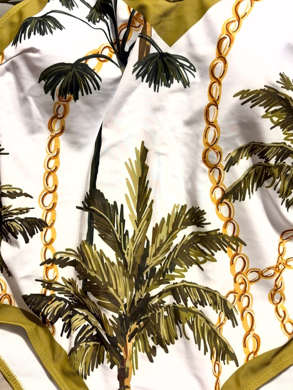 Tropical Palm Print One-Piece Swimsuit - Olive & White with skirt coverup